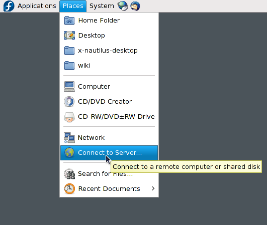 gnome connect to server menu